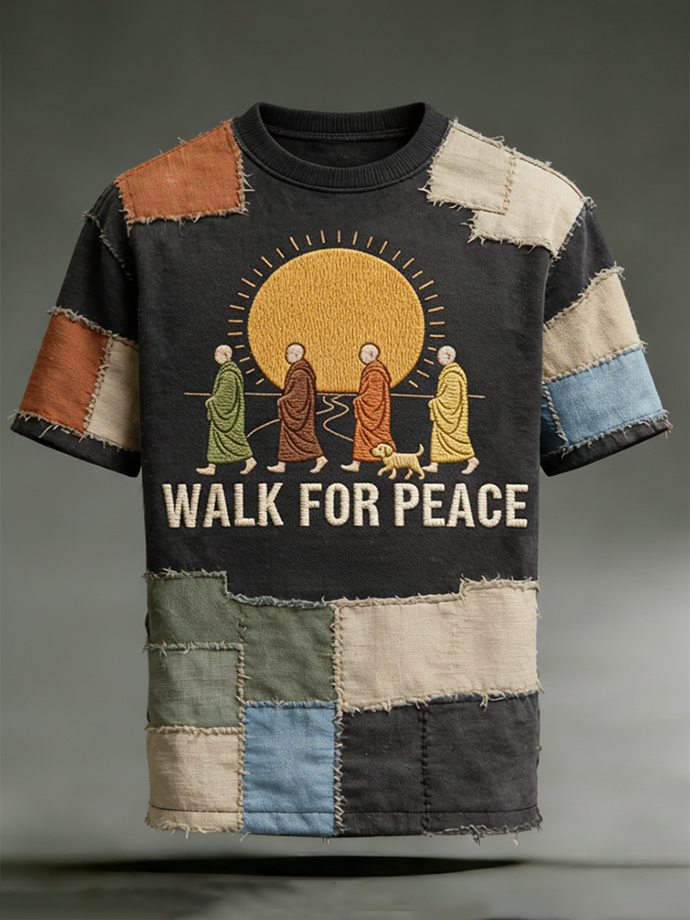 Walk For Peace Artistic Patchwork Art Washed T-shirt