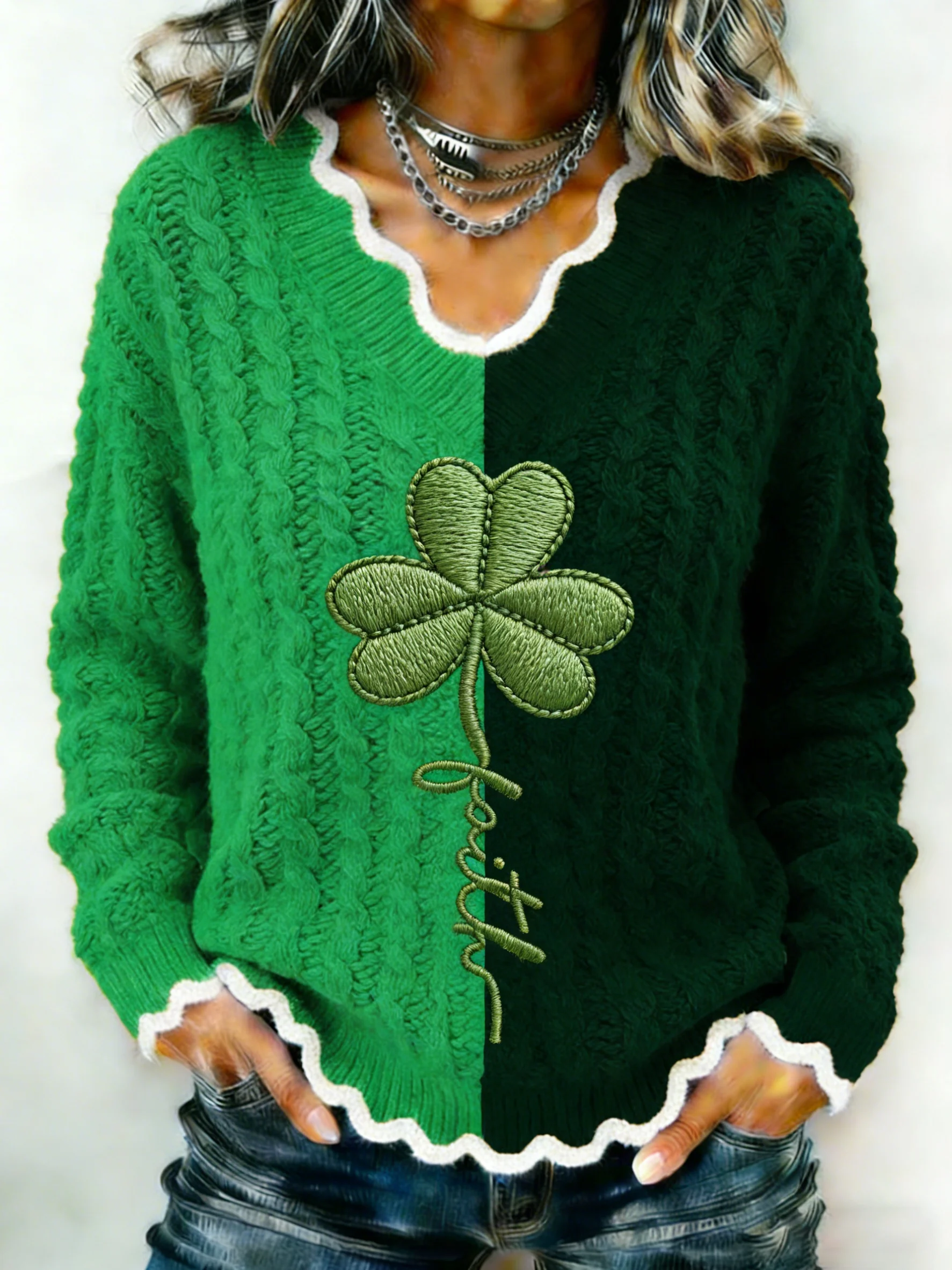 Women's Retro St. Patrick's Day Faith Print Knit Sweater-Fast Shipping