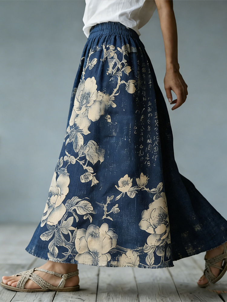 Japanese Art Bohemian Retro Plant Flower Print Women's Half-length Dress