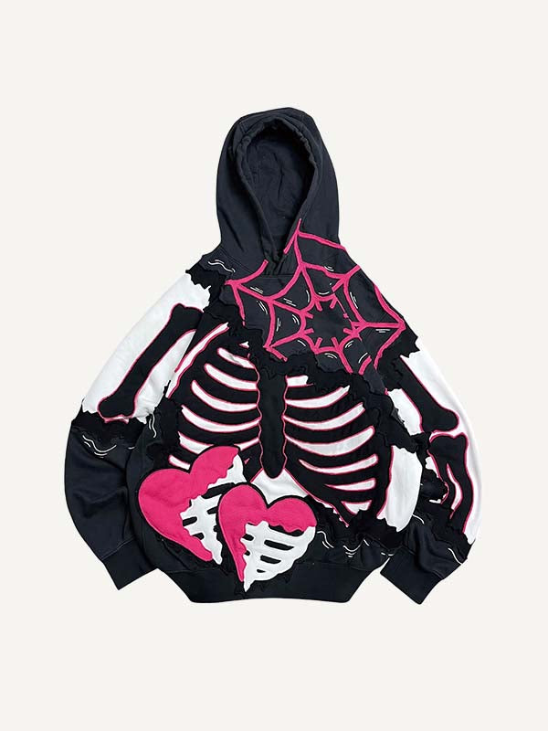 Colorblock Skeleton&Heart&Spider Web Faux Decal Print Slant Pockets Hoodie