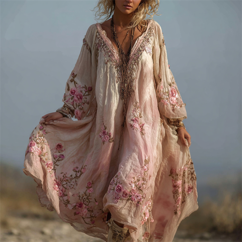 Boho Pink Roses Embroidered Oversize Flowy Linen Maxi Dress
