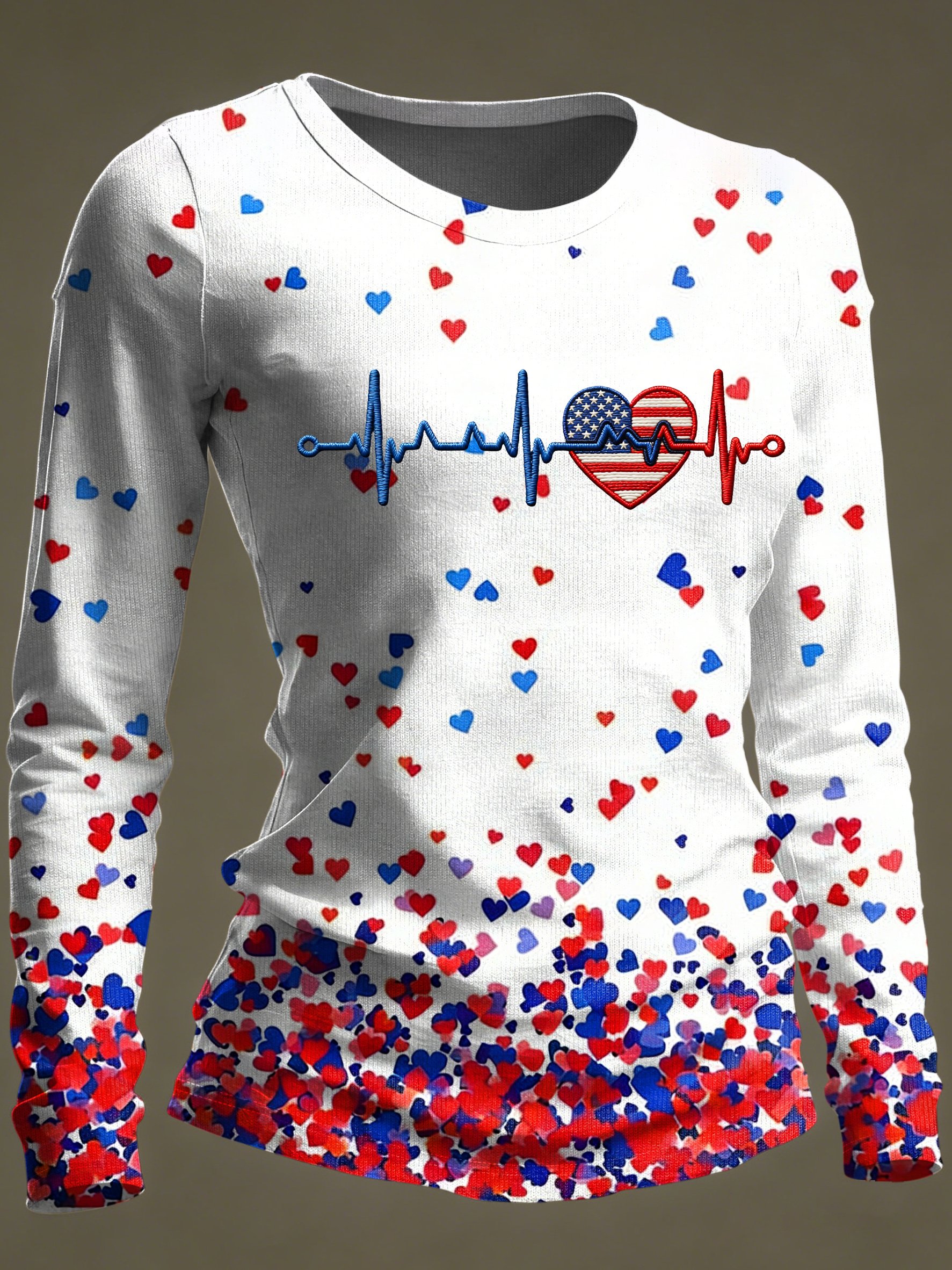 Women's casual blue and red heart heartbeat T-shirt