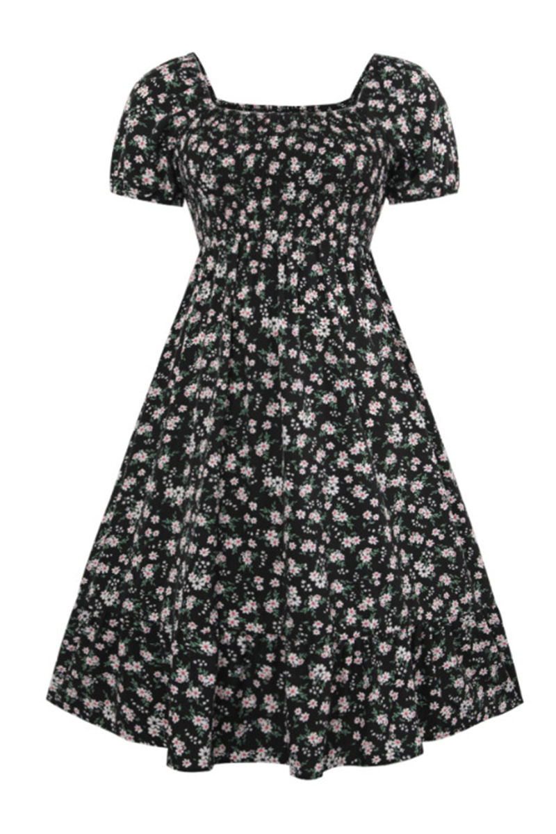 Airy Allover Floral Print Scoop Neck Short Sleeve Pleated Maxi Dress