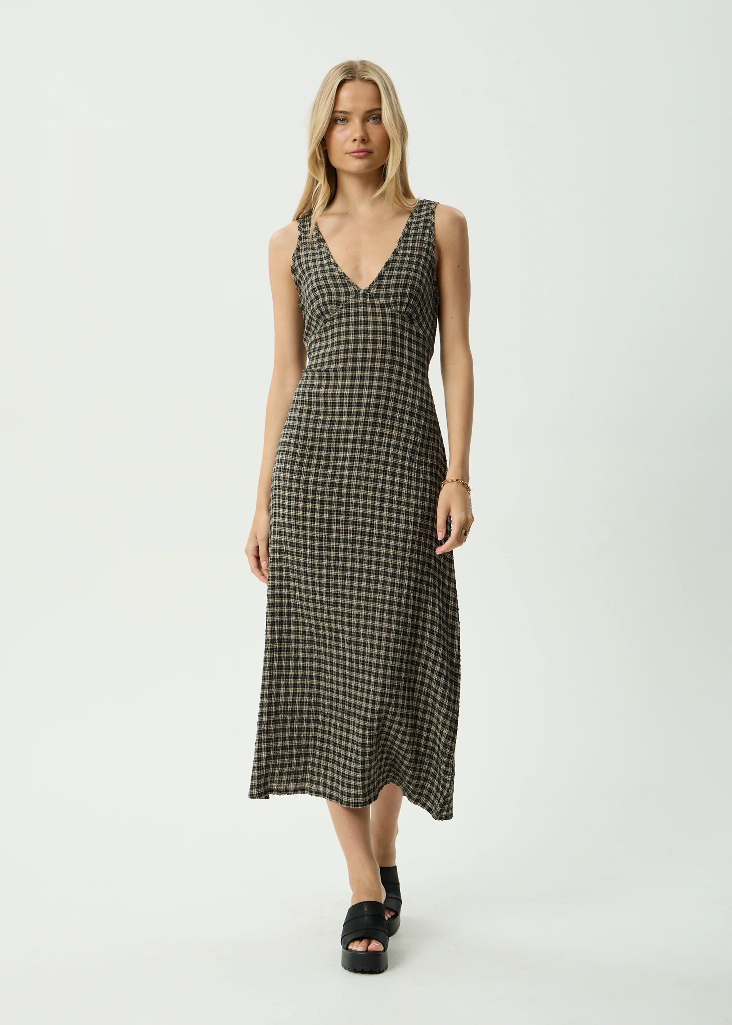 AFENDS Womens Tully - Seersucker Maxi Dress - Tan / Olive Check