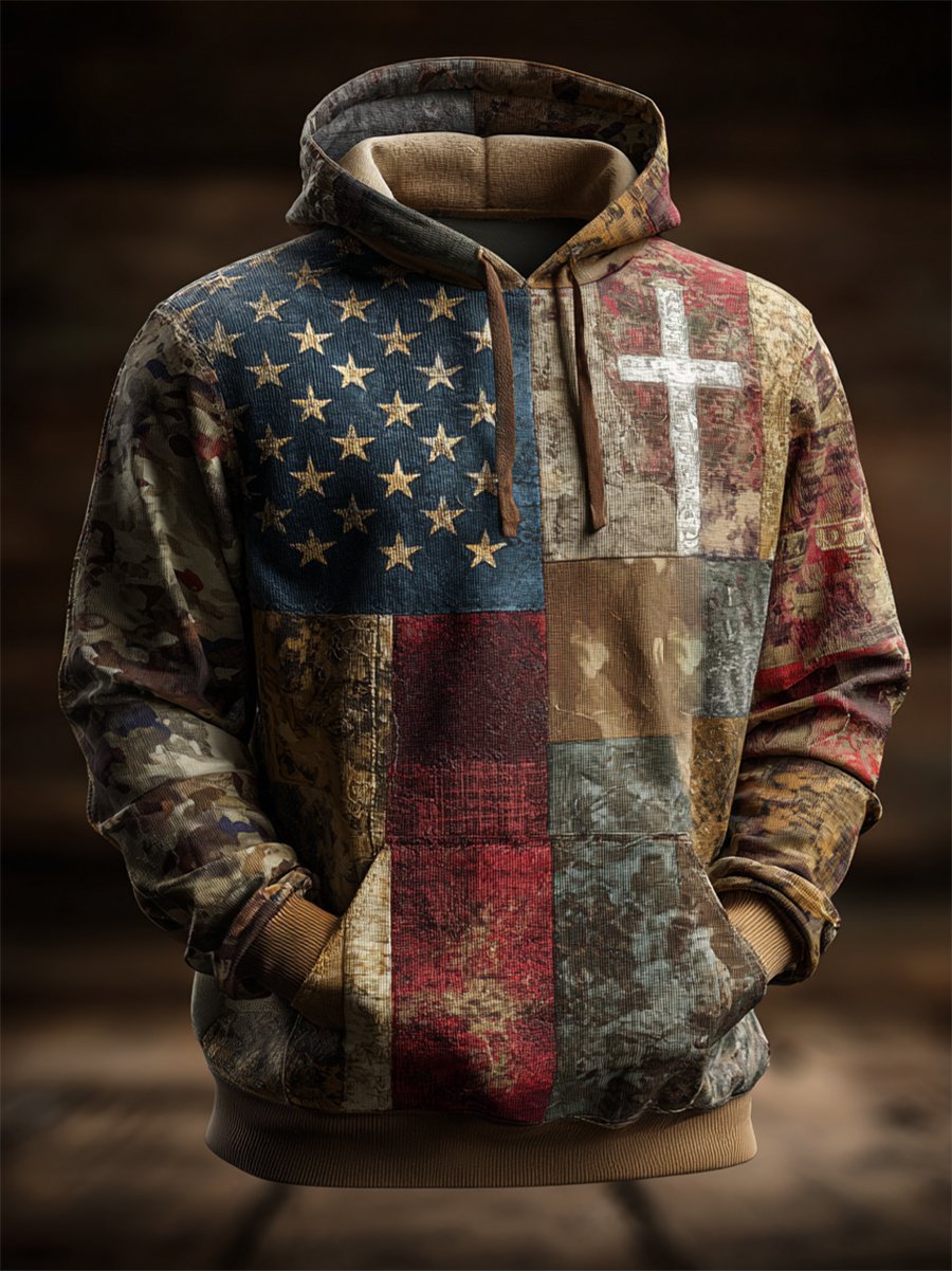Men's Vintage Casual American Flag Cross Faith Hoodie