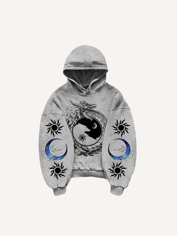Sun&Moon&Dragon&Wing&Floral Print Slant Pockets Hoodie