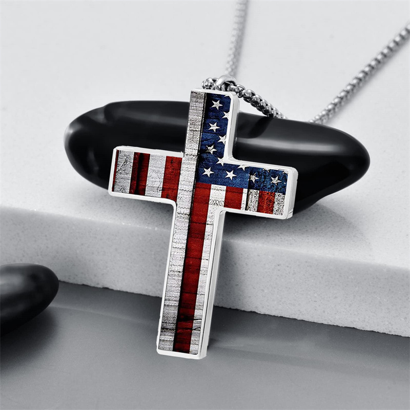 Men's American National Flag Cross Pendant Necklace