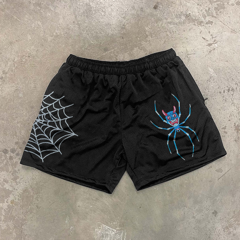 Spider Graphic Black Mesh Shorts