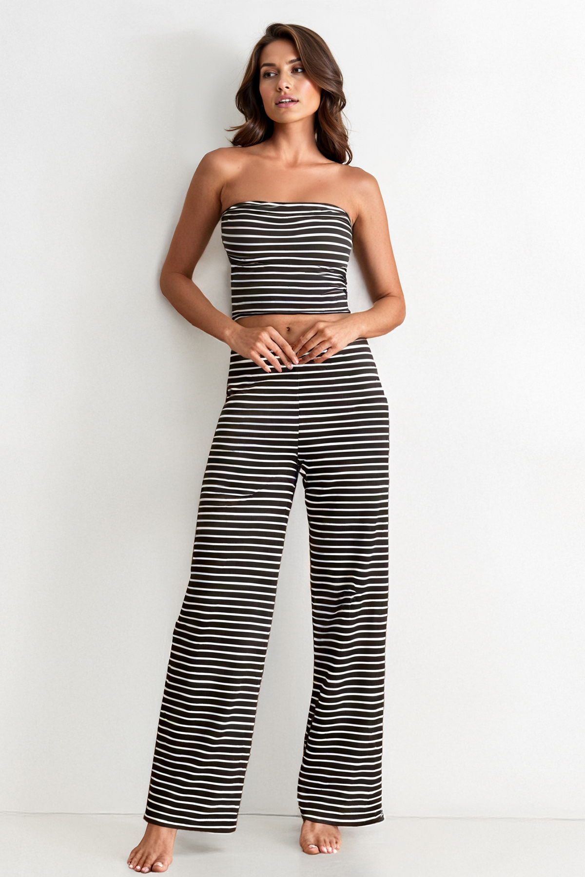 Chic Color Matching Stripe Slim Tube Top & Low-Rise Wide Leg Trousers Co-ord