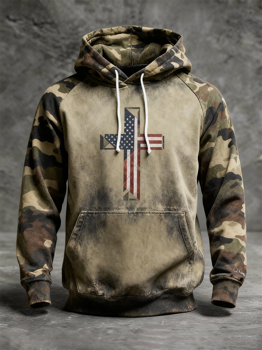 Men's Vintage Faith American Flag Camo Raglan Hoodie