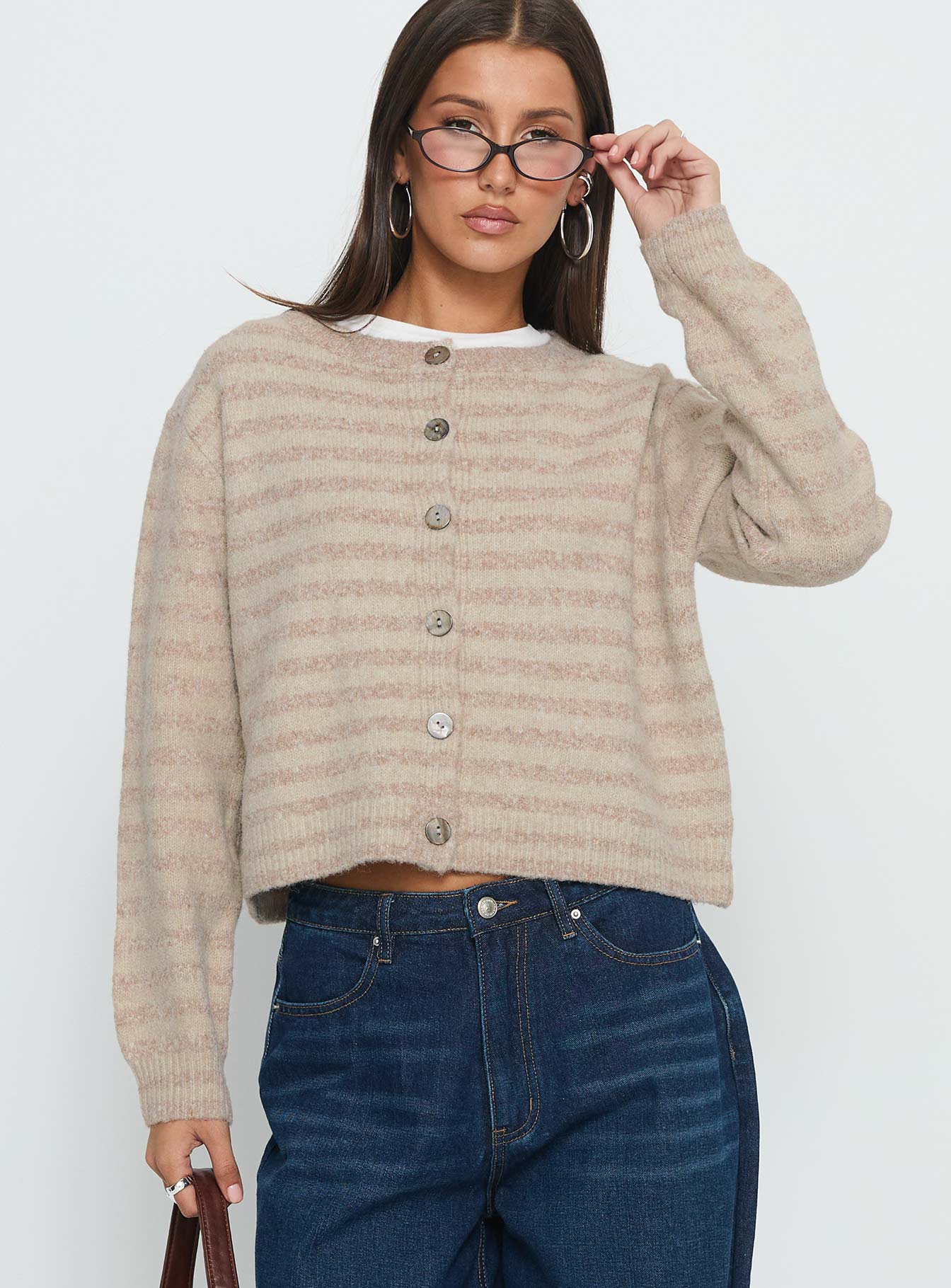 Raynna Button Up Cardigan Beige Stripe
