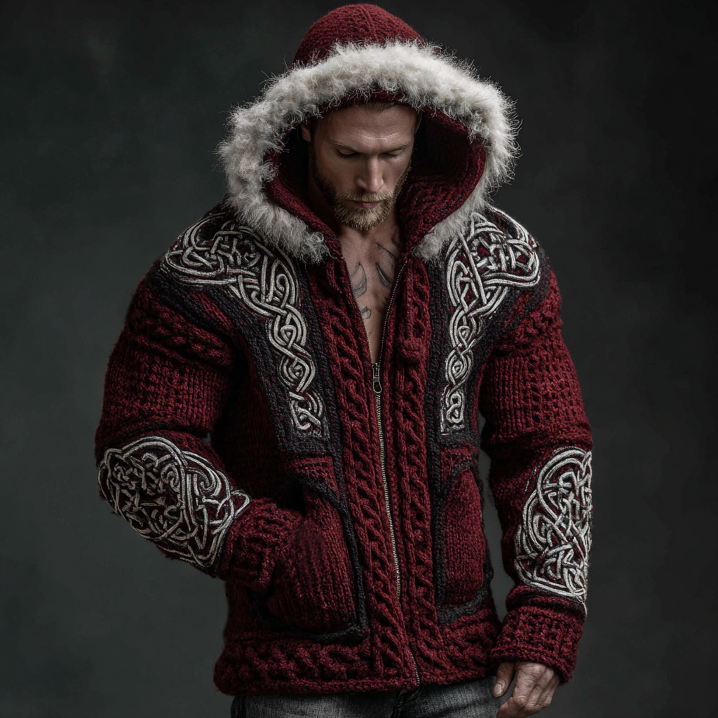 Men's  Retro Celtic Knot Art  Knitted Hoodie Sweater Jacket