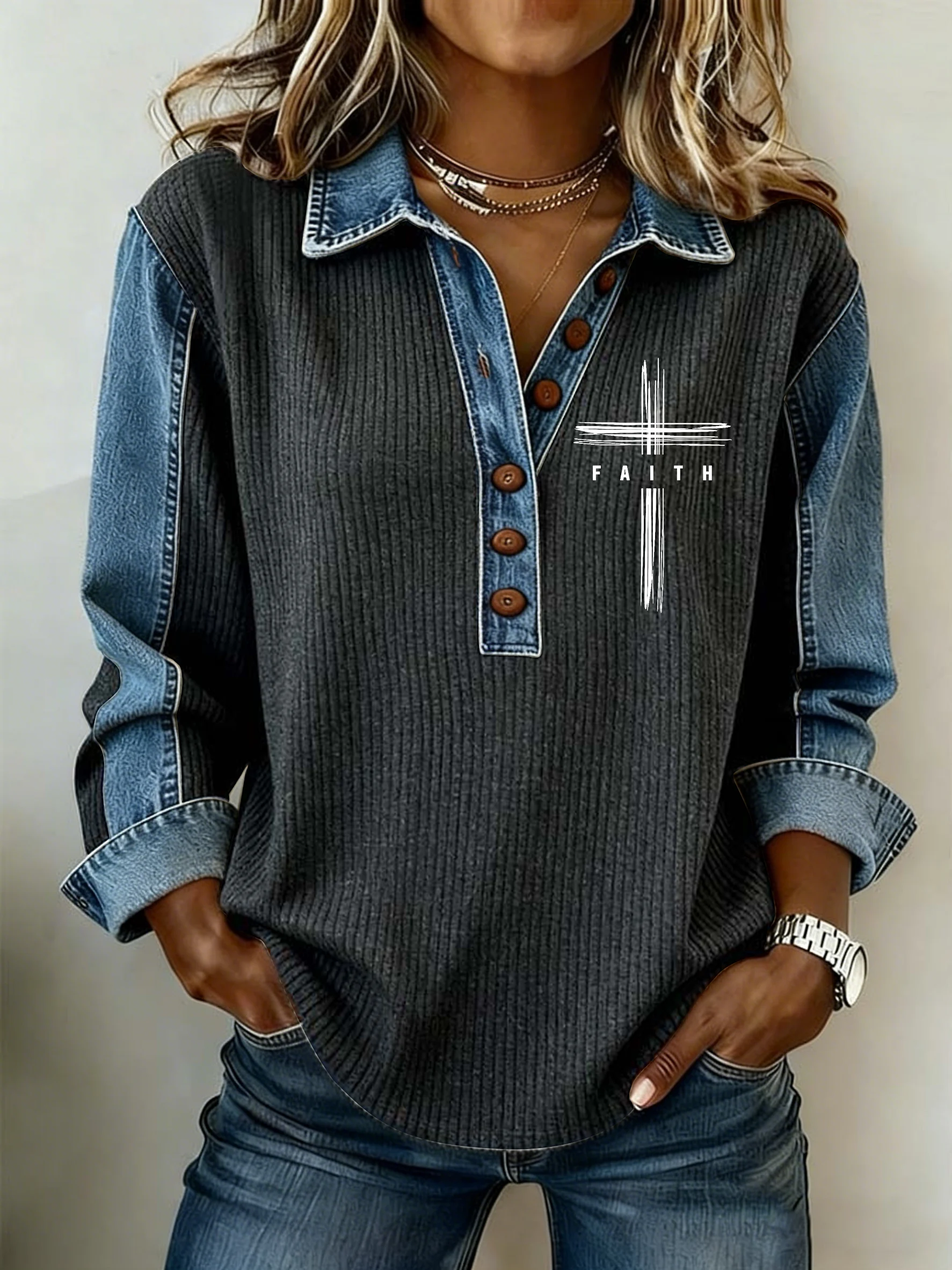 Women's Faith Printed Collar Button-Down Knit Top-Fast Shipping