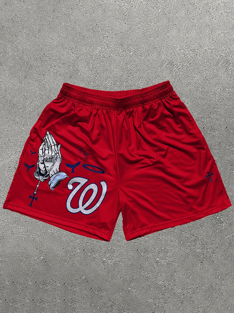 Praying Hands Print Graphic Men's Red Mesh Shorts