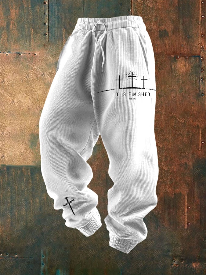 Men's It Is Finished Print Textured Casual Loose Sweatpants