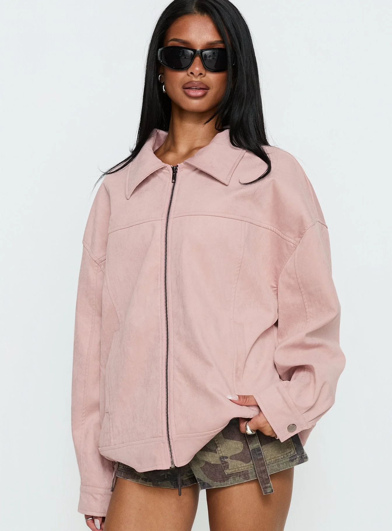 Goldsmith Faux Suede Bomber Jacket Pink