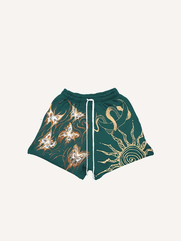 Moon&Sun&Snake&Butterfly Print Drawstring Waist Shorts