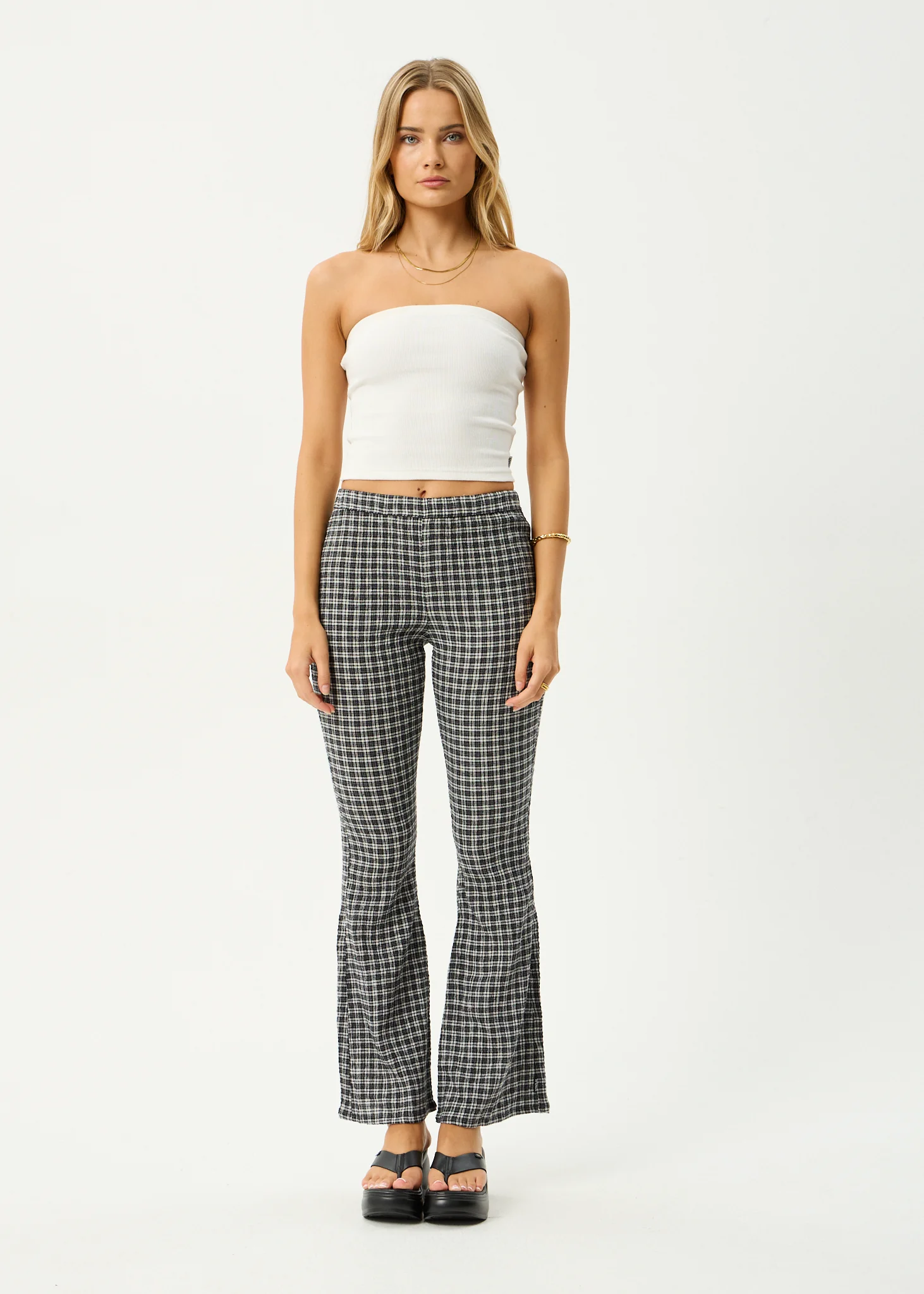 AFENDS Womens Asta - Seersucker Flare Pant - Steel Check
