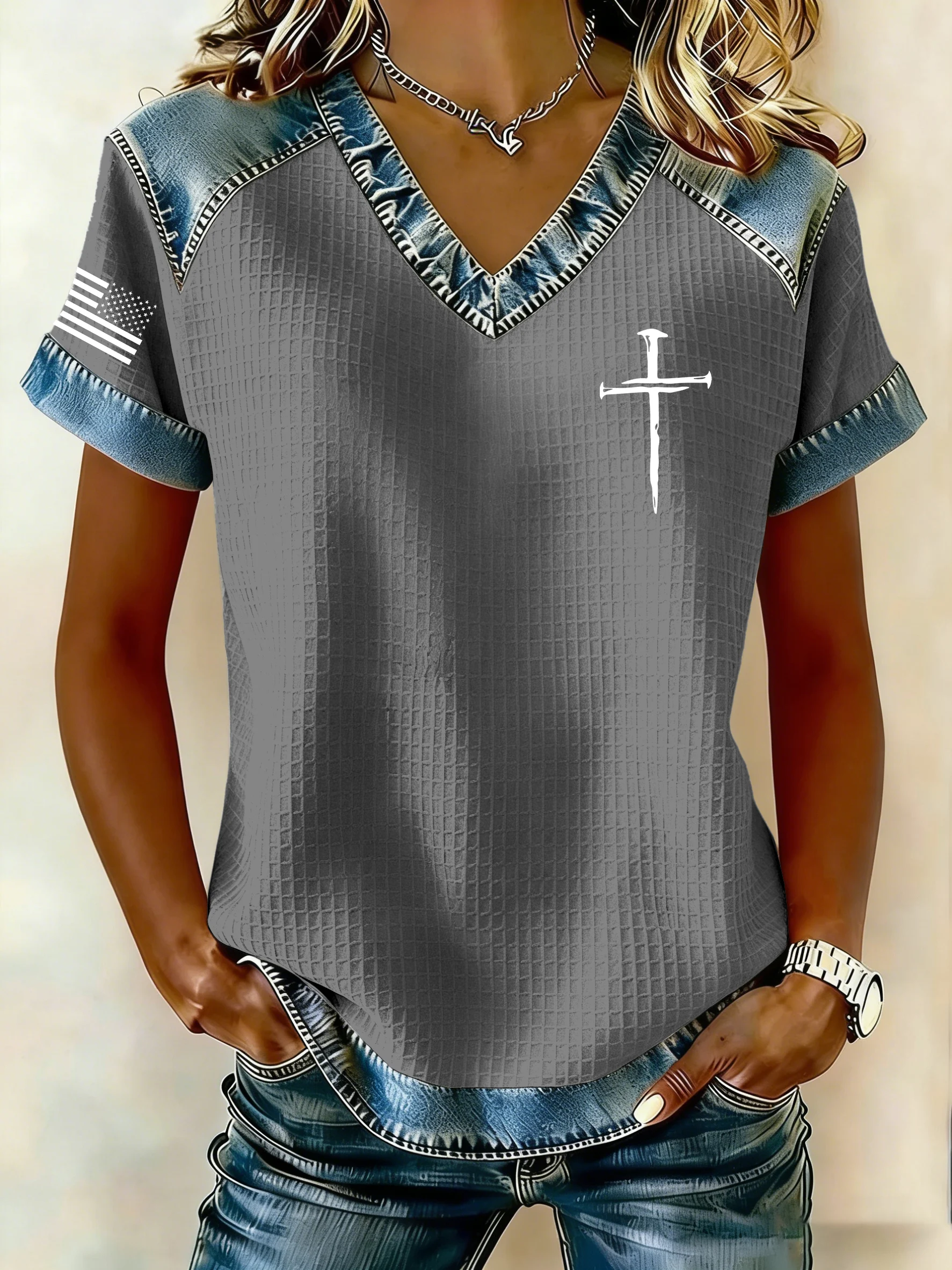 Women's Retro Faith Print Casual Waffle Knit Short-Sleeved T-Shirt-Fast Shipping