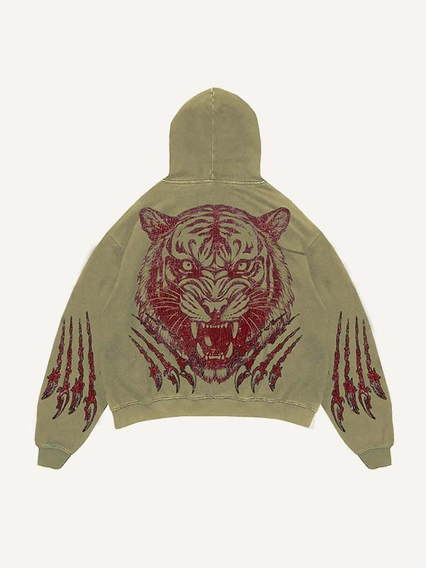 Tiger&Letter Print Slant Pockets Hoodie