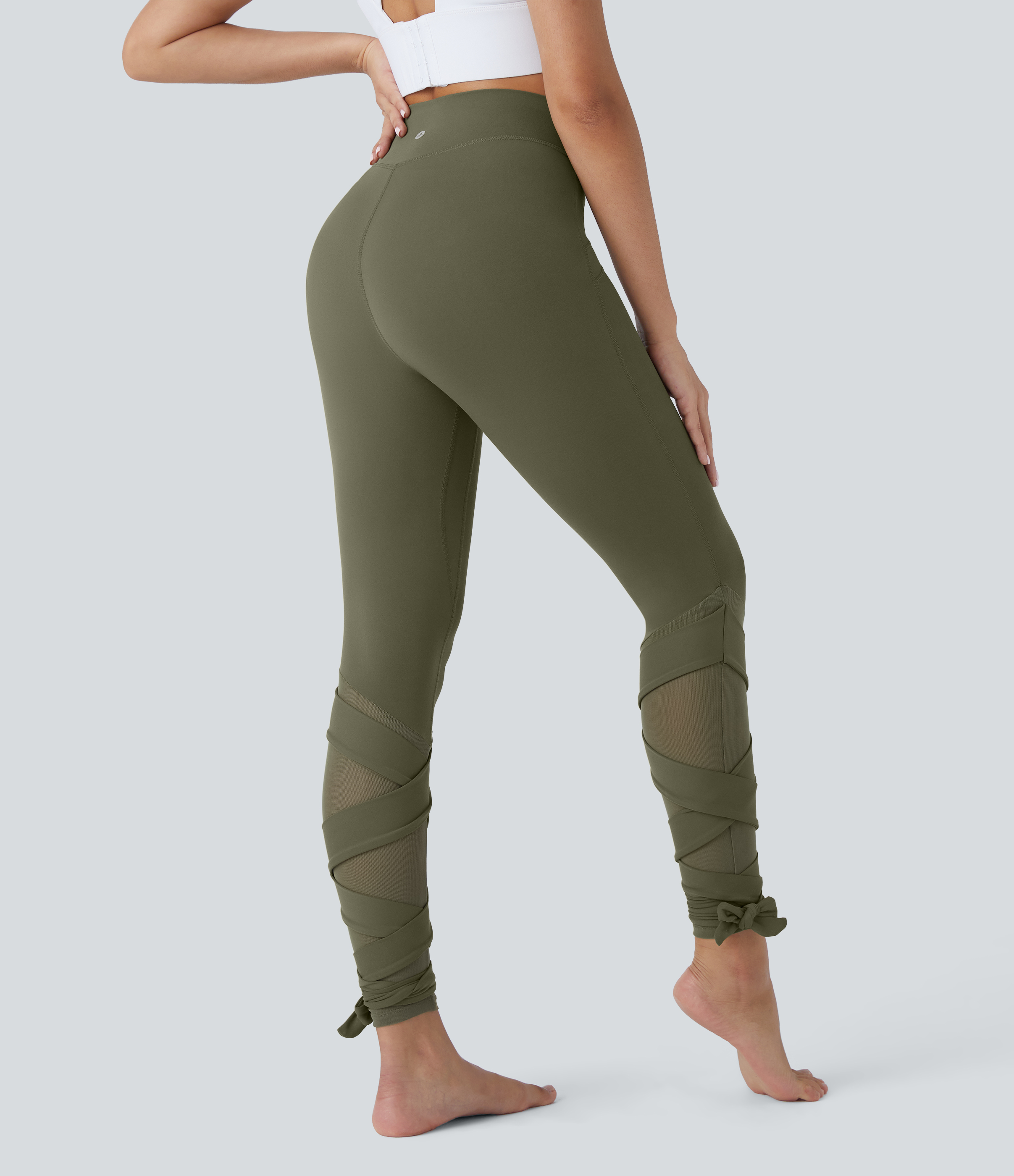 SoftlyZero™ High Waisted Contrast Mesh Lace Up Yoga 7/8 Leggings-UPF50+