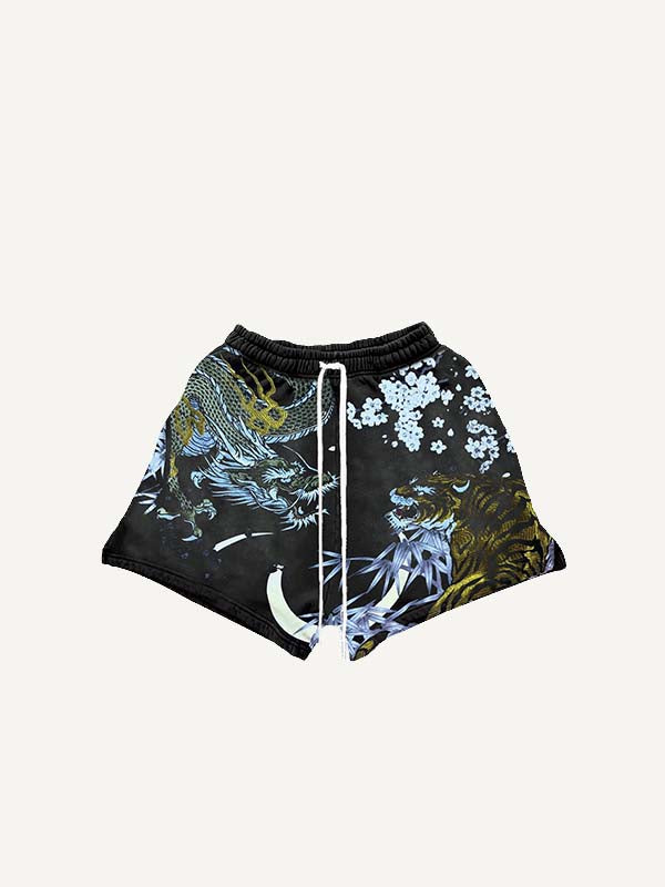 Dragon&Tiger&Floral&Moon&Graphic Print Drawstring Waist Shorts
