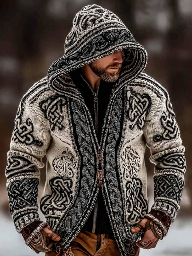 Men's Vintage Viking Celtic Pattern Art Cozy Hooded Jacket