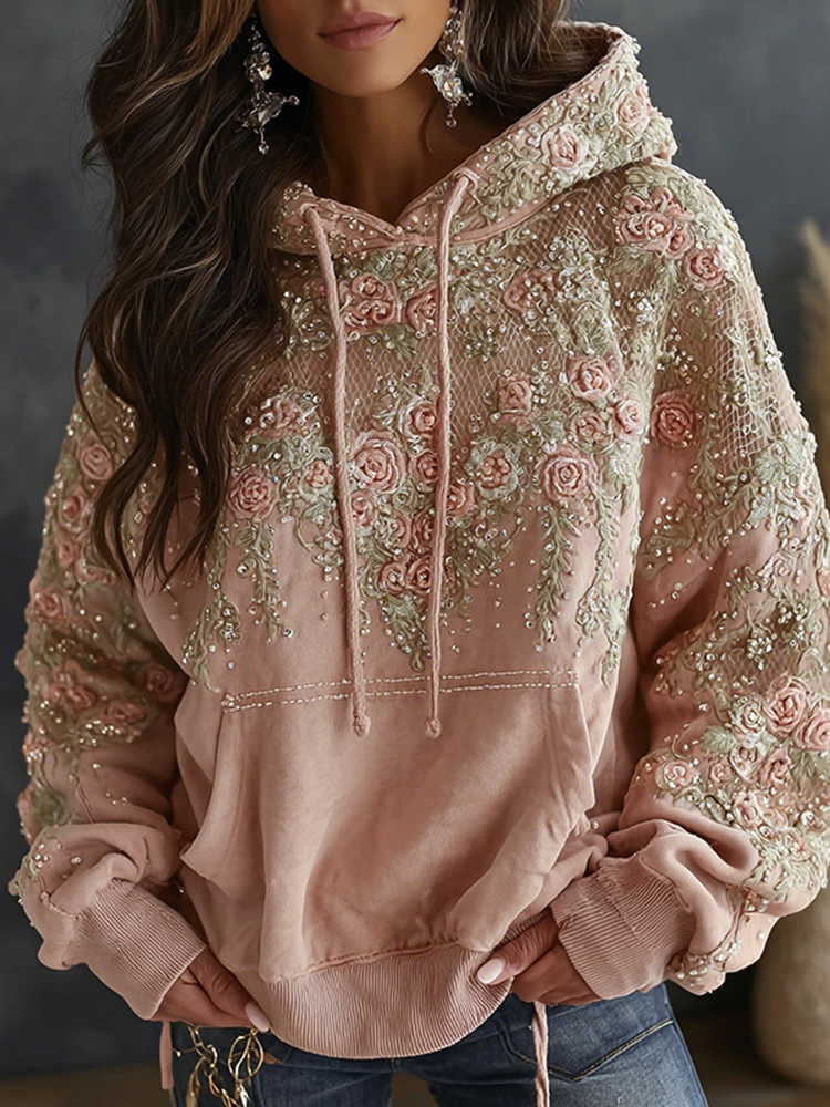 Women's Rose Floral Embroidered Art Print Casual Hoodie