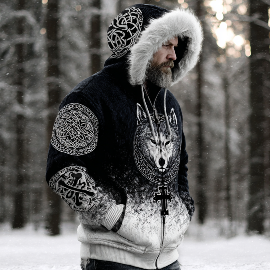Men's Black And White Gradient Wolf Head Design Knitted Hoodie Sweater Jacket