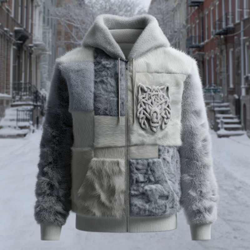 Men's Viking Celtic Wolf Patchwork Color Block Flannel Warm Hooded Jacket