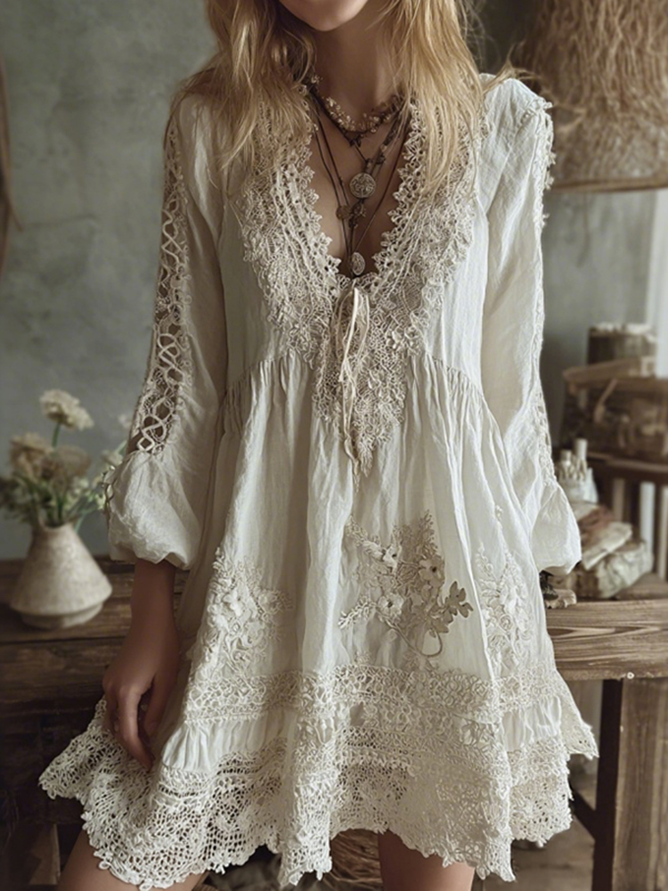 Women's Vintage Lace Floral Art Linen Midi Dress