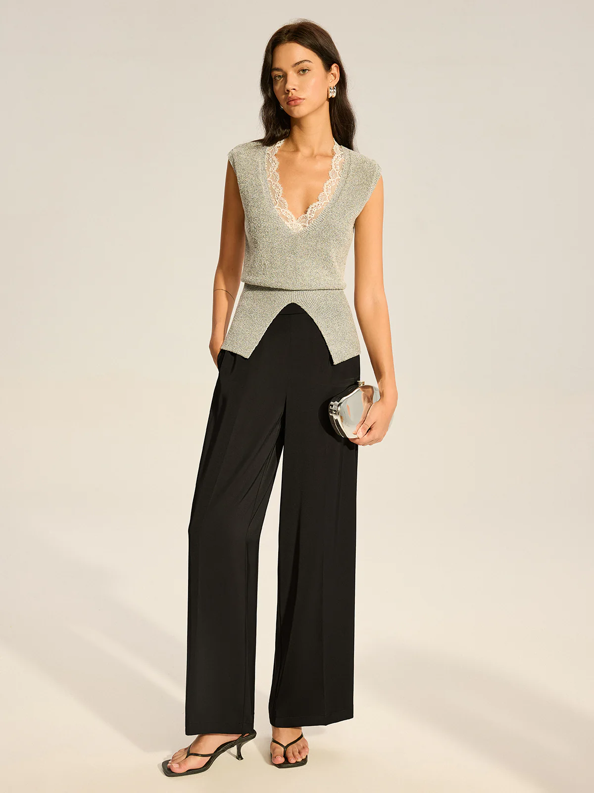 Lace-Trimmed Waist-Cinching Knitted Vest