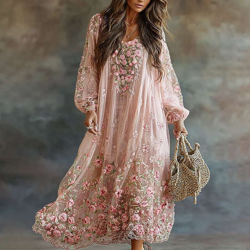 Women's Vintage Floral Art Flowy Linen Blend Casual Long Sleeve Maxi Dress