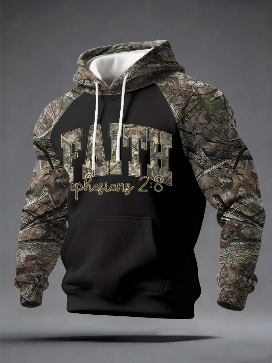 Men's Faith Forest Camouflage Print Casual Velvet Raglan Hoodie