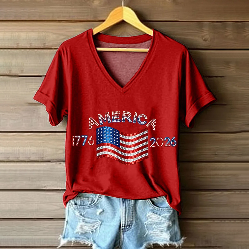 Women's American 1776-2026 Rhinestone Pattern V-Neck T-Shirt