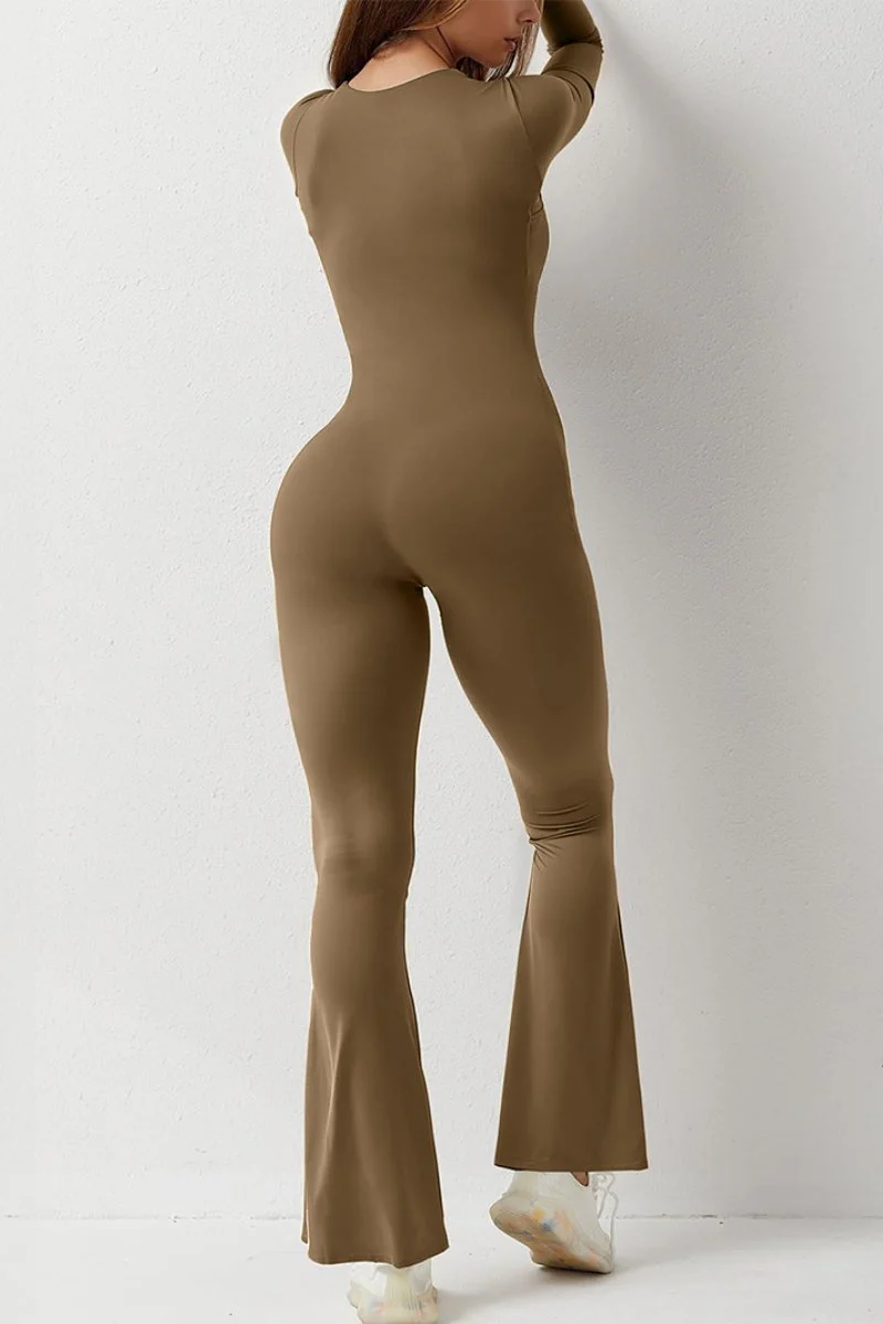 Square Neck Long Sleeve Seamless Shaping Flared Jumpsuit