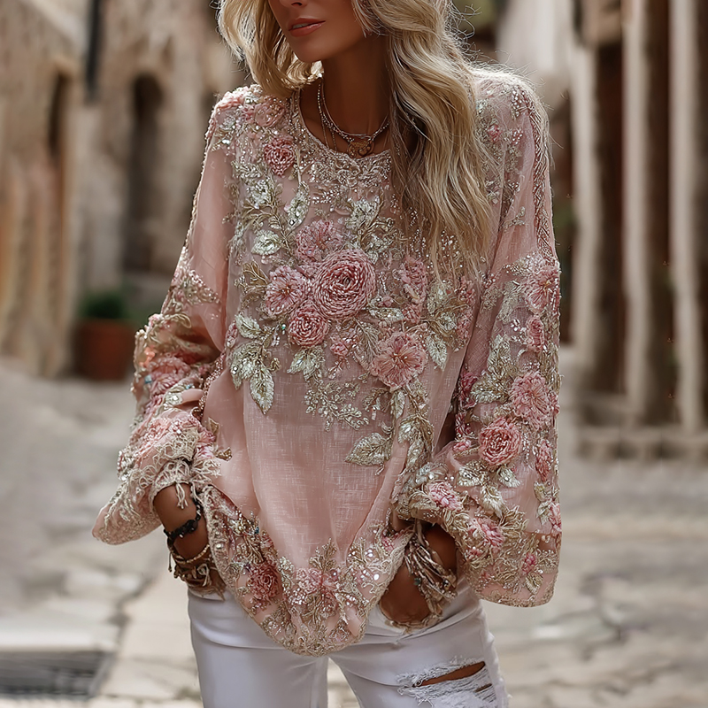Women's Vintage Pink Rose Embroidered Art Round Neck Long Sleeve Blouse