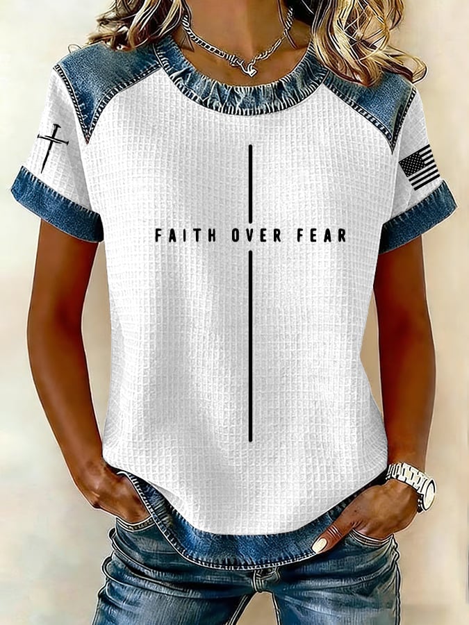 Women's Faith Over Fear Print Waffle Knit Round Neck Short-Sleeved T-Shirt