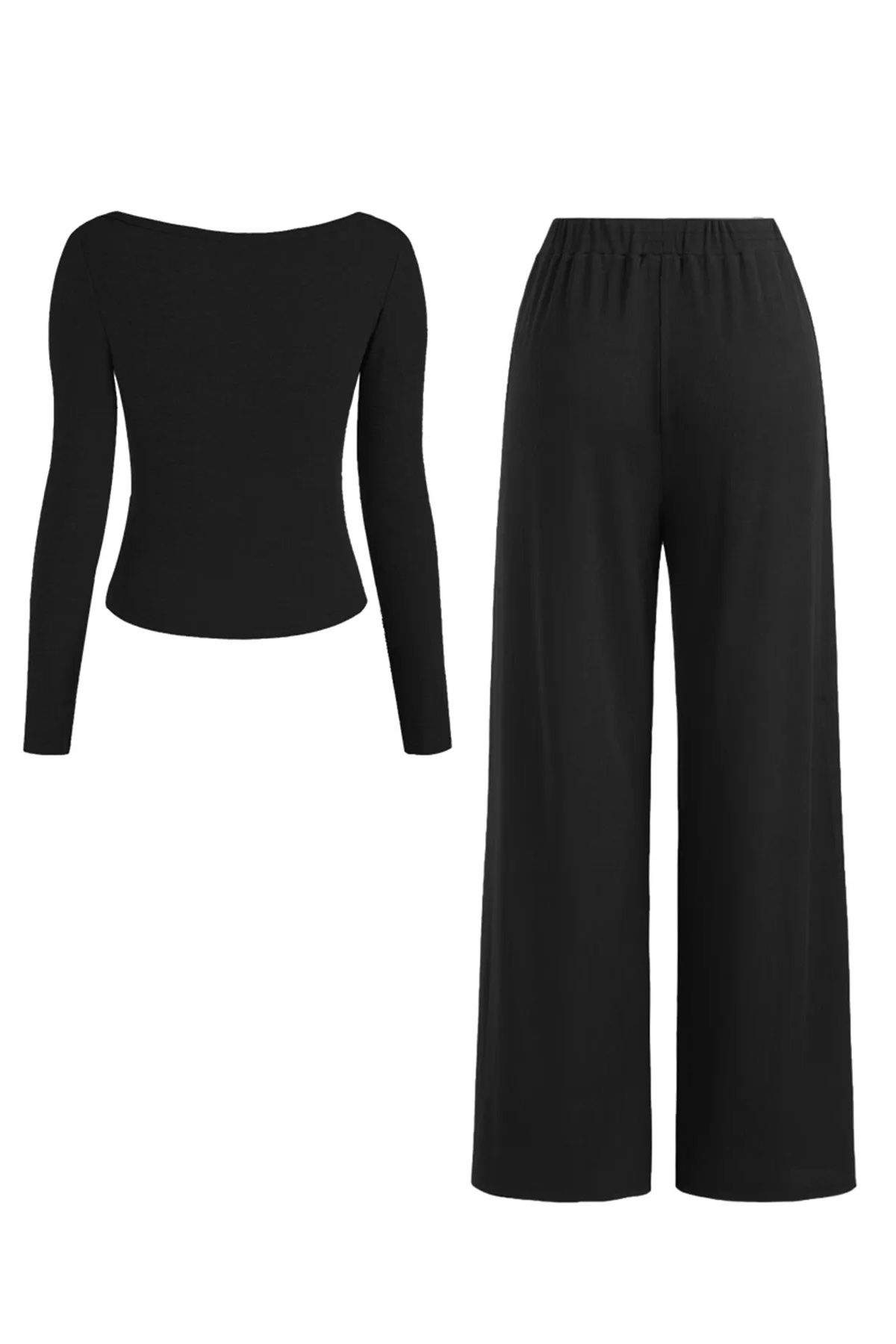 Elegant U-Neck Long Sleeve Top & Drawstring Waist Trousers with Lace Trim Camisole Three-Piece Set