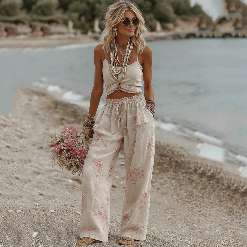 Women's Roses Print Pocket Linen Blend Pants