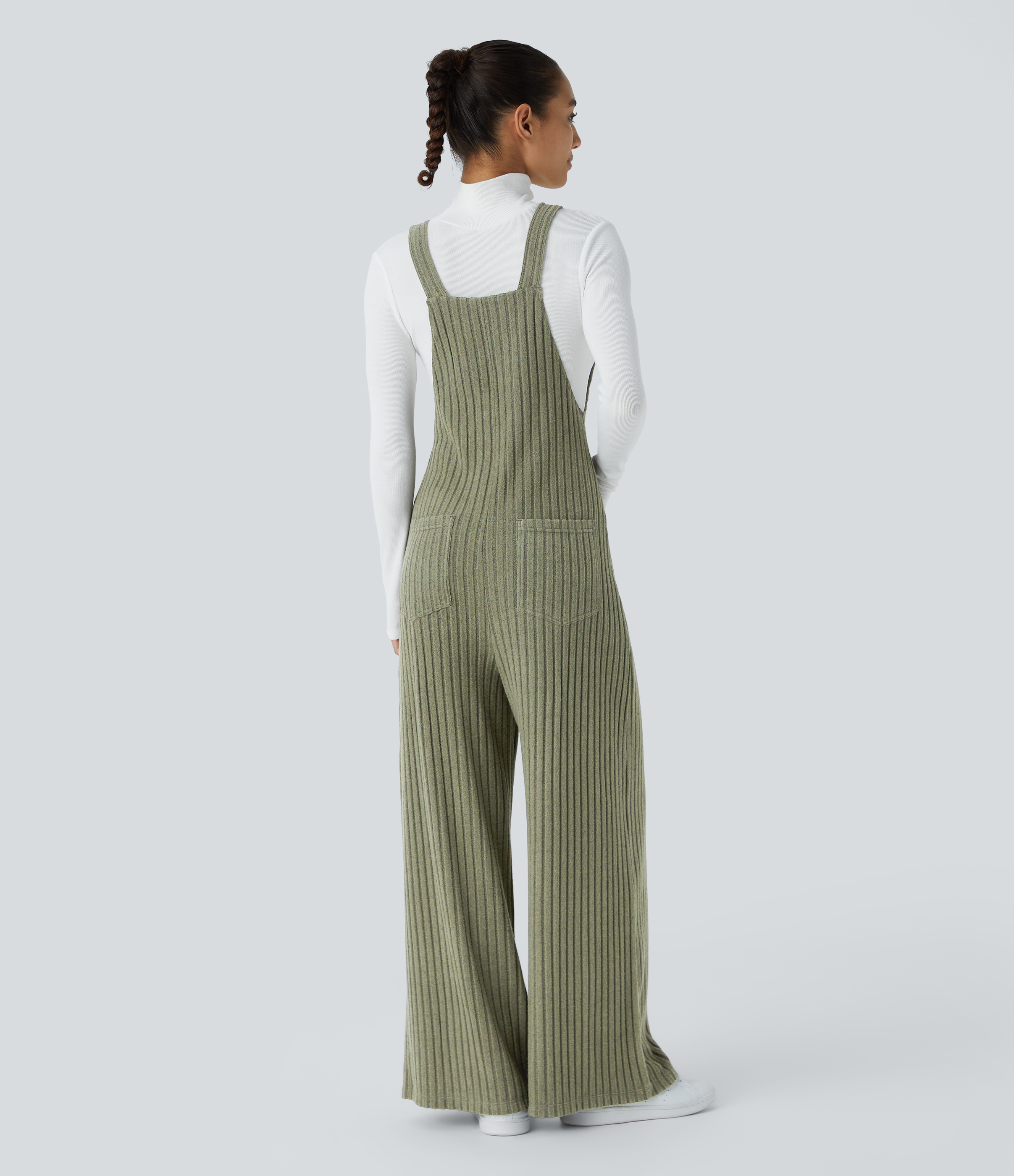 Ribbed Knit Pockets Casual Overalls