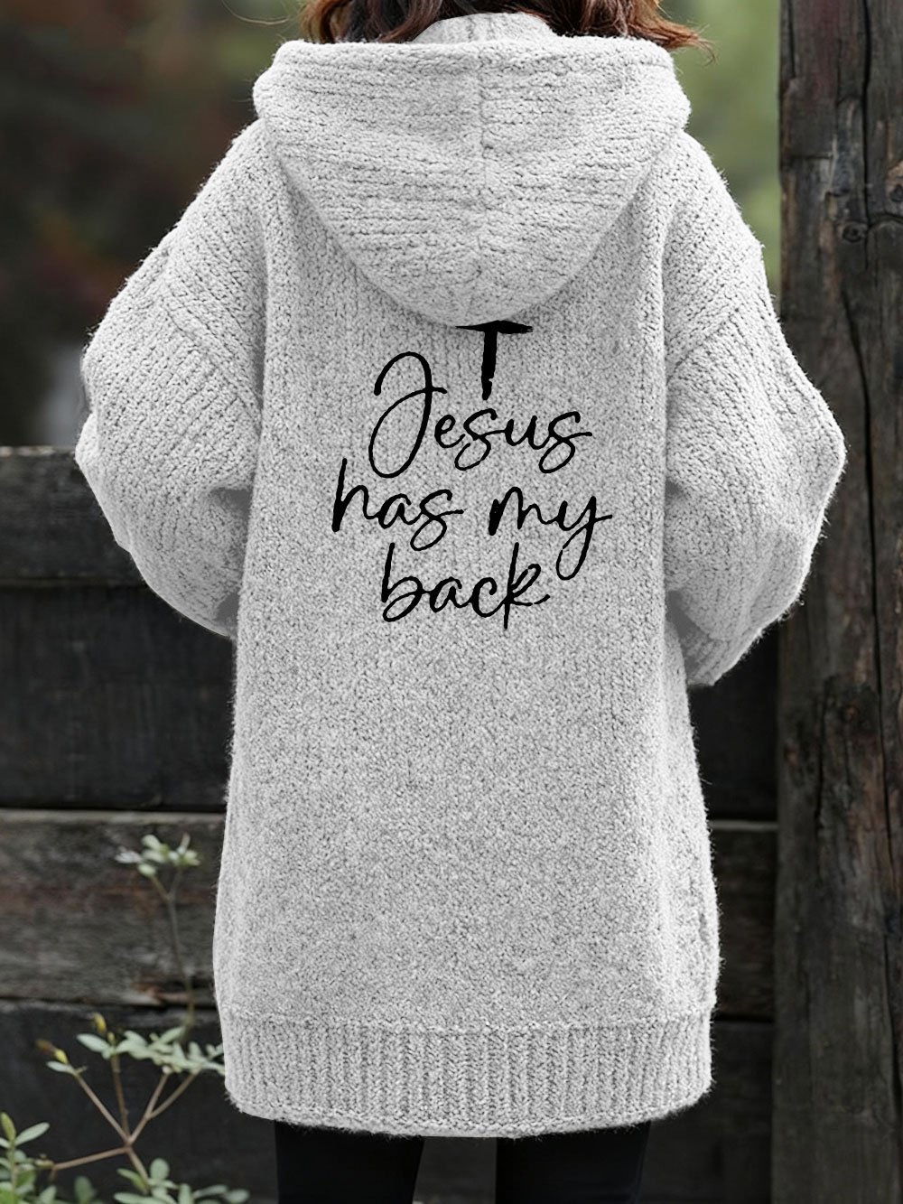 Women's Jesus Has My Back Printed Warm Knit Cardigan