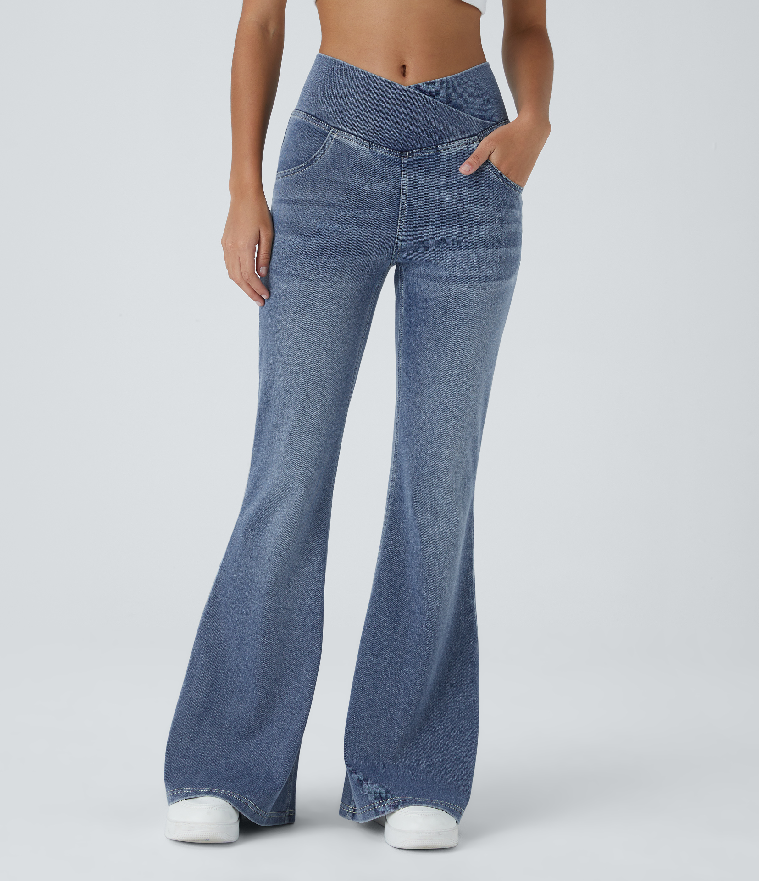 Halara Flex™ High Waisted Crossover Pocket Washed Casual Flare Jeans