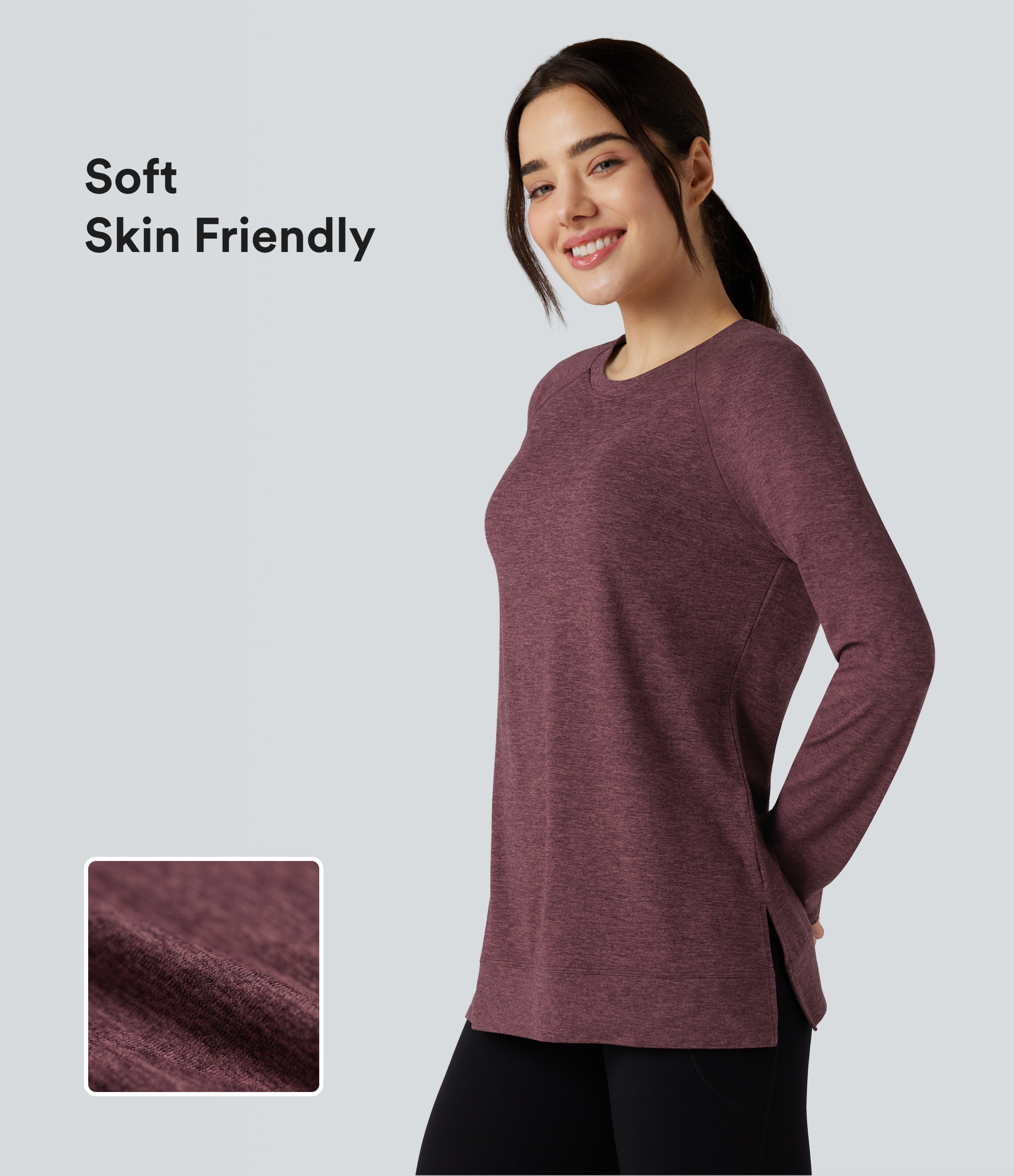 Skin Friendly Round Neck Raglan Long Sleeve Split Hem Casual T-Shirt