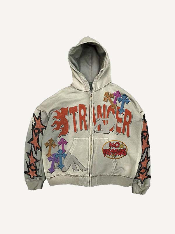 Figure&Cross&Letter&Star Faux Decal Print Zip Up Hooded Coat