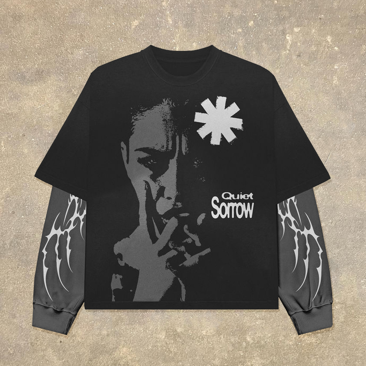 Fake Two Quiet Sorrow Print Long Sleeve T-Shirt