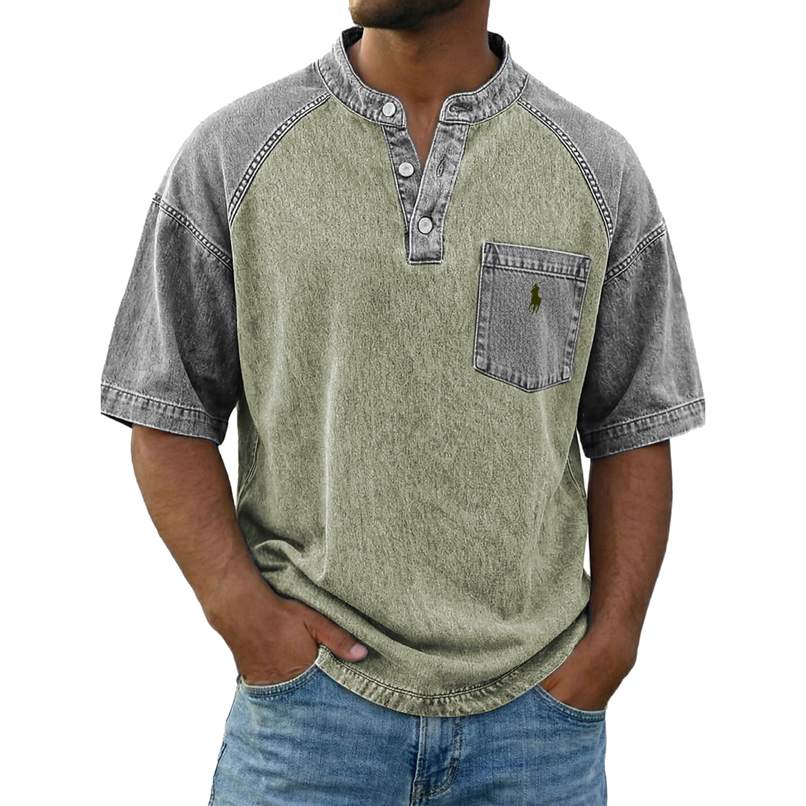Men's Acid Wash Shirt Short Sleeve Color Block Patchwork