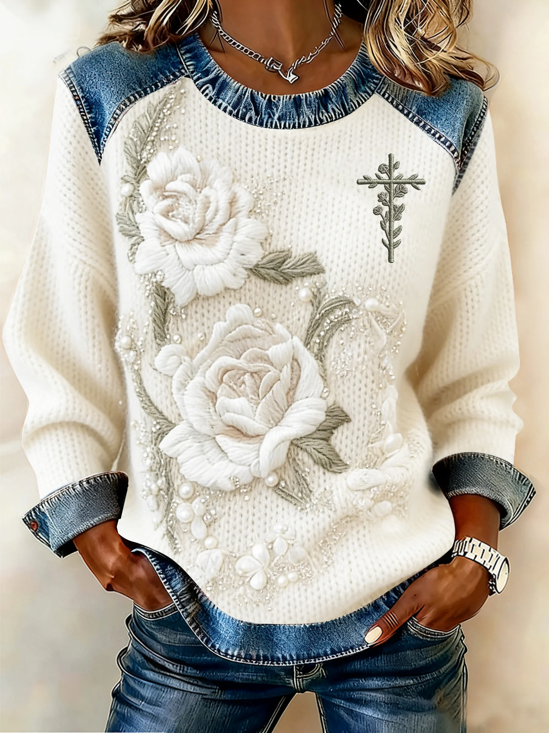 Women's Winter Floral Faith Print Round Neck Top-Fast Shipping