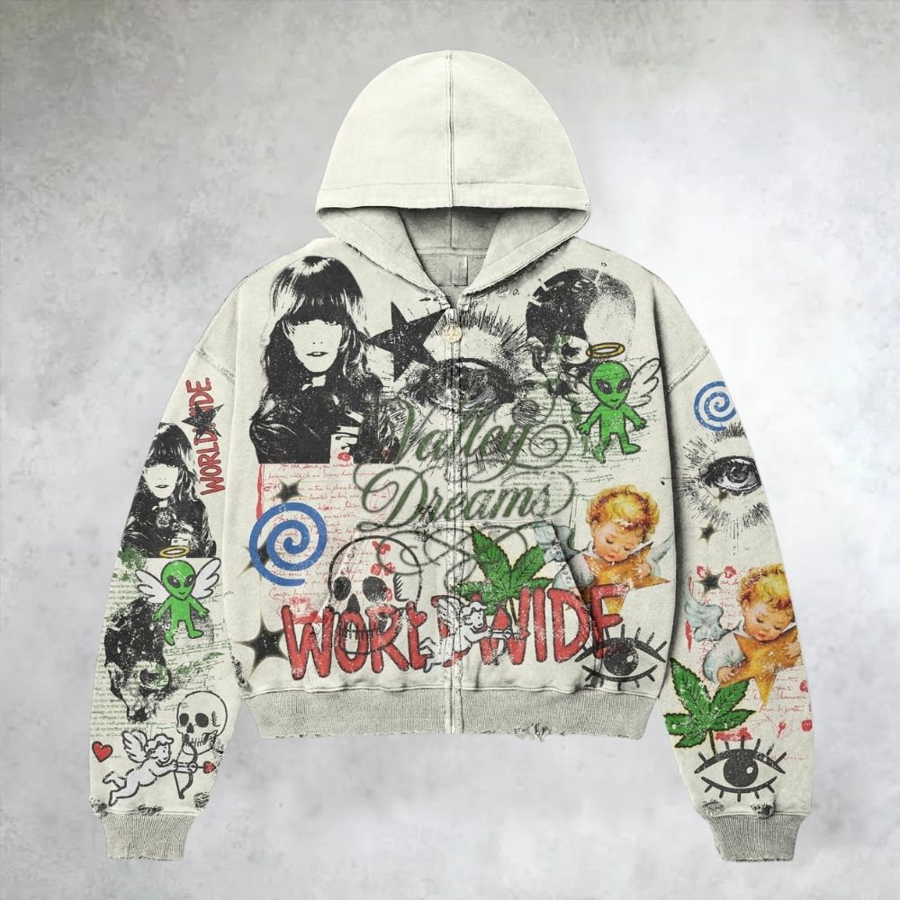 Gray Collage Art Alien Angel Eye Skull Zip Up Hoodie