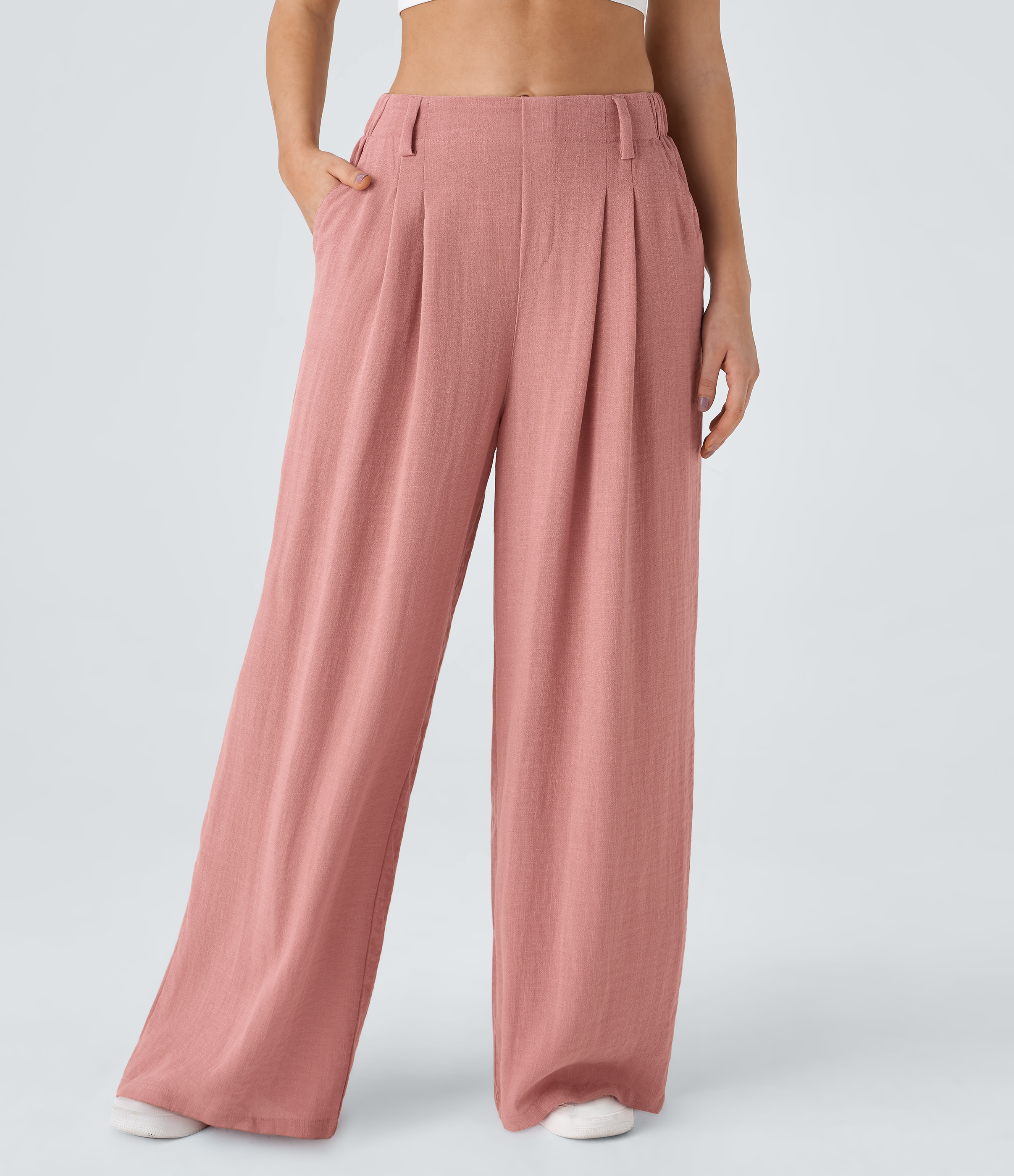 High Waisted Pocket Wide Leg Flowy Solid Palazzo Casual Linen-Feel Pants
